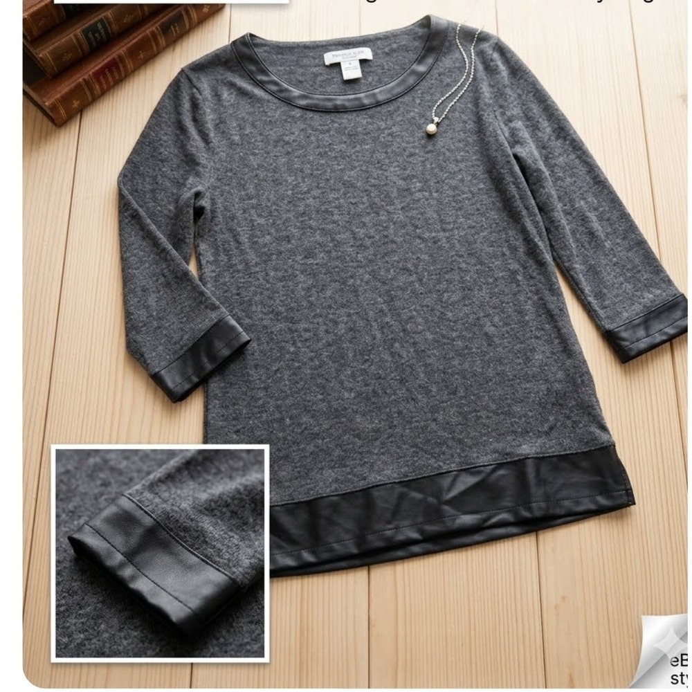 August Silk Petite Gray Knit Top Faux Leather Trim 3/4 Sleeve PM Charcoal